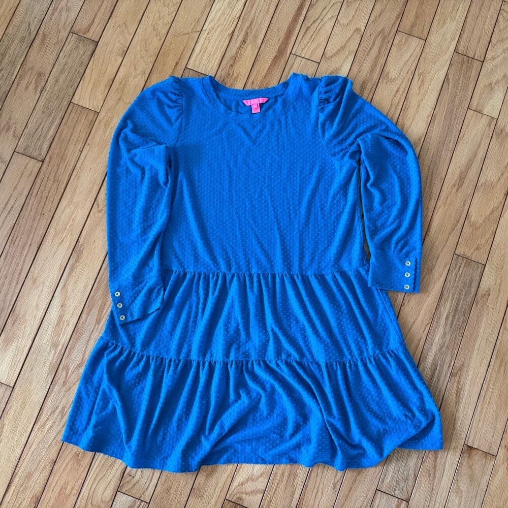 Lilly Pulitzer Arlette Tiered Dress Cozy Knit Swiss Dot Teal Bay Blue XL